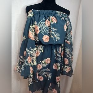 Teal Green Floral Off-Shoulder Dress